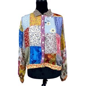 Sacred Threads Embroidered Patchwork Colorful Whimsy Boho Funky Buttin Down S/M